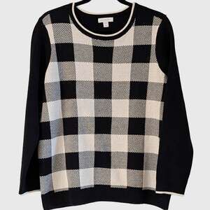 Charter Club Women's L Buffalo Plaid Sweater Black Ivory Cotton Blend Crewneck